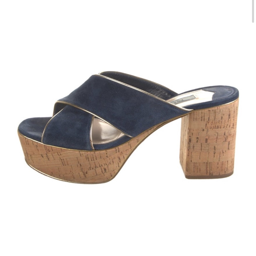 Prada Navy Blue Suede Platform Cork Block Heel Sandals